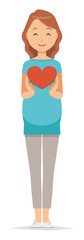 A pregnant woman wearing green clothes has a heart mark