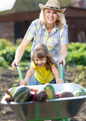 Kid girl and her mother in domestic garden. Happy child and mom push the wheelbarrow with harvest. Healthy organic vegetables for children