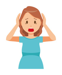 A pregnant woman wearing green clothes is panicking