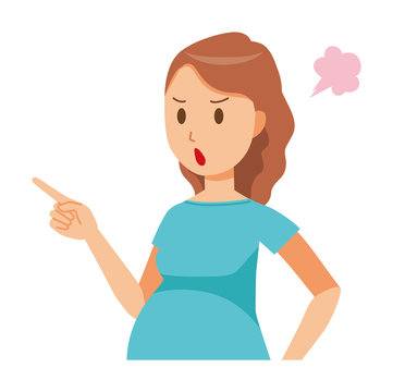 A pregnant woman wearing green clothes is angrily pointing to a finger