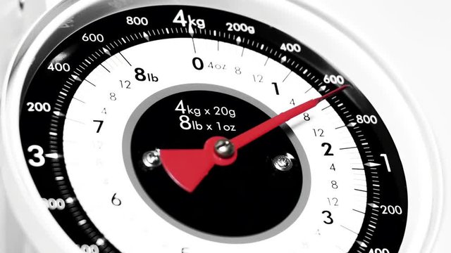 Black and white and colour Vintage scale close up, view of numeric household scale instrument and indicator, measuring food for preparing meals