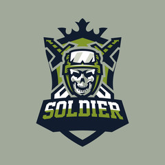 Fototapeta premium Emblem, badge, logotype military skull, helmet with tactical goggles and swords. Soldier, weapon, warrior, shield, lettering. Vector illustration