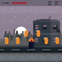 Pixelated city videogame fight scenery with coins