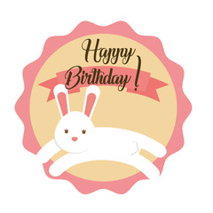 happy birthday greeting card cute white rabbit jumping vector illustration