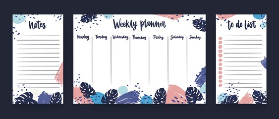 Personal weekly planner with week days, sheet for notes and to do list templates decorated with colorful paint smears and exotic monstera leaves. Planning and scheduling. Vector illustration.