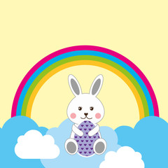 cute rabbit sitting in clouds decorative egg and rainbow vector illustration