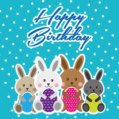 Obraz na płótnie Canvas happy birthday card cute rabbits sitting holding easter eggs vector illustration