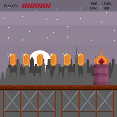 Pixelated city videogame fight scenery with coins