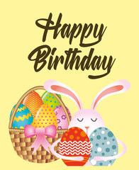 happy birthday card bunny and basket easter eggs vector illustration