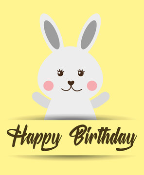 happy birthday card cute rabbit waving hands vector illustration