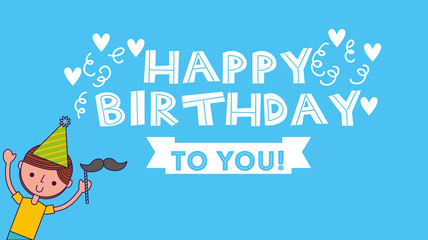 smiling kid waving flag - happy birthday card vector illustration