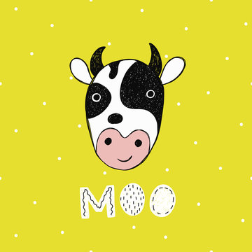 Vector poster with hand drawn funny cow.