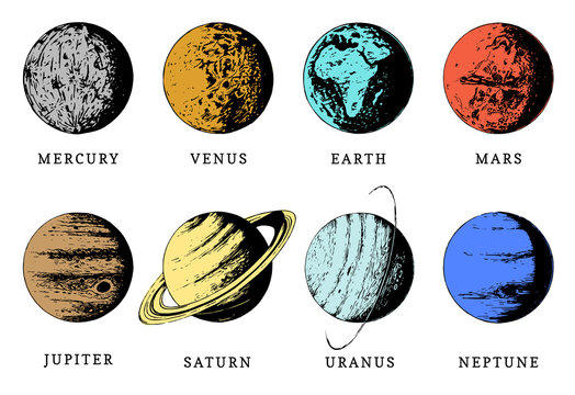 Solar system infographics in vector. Hand drawn illustration of eight planets