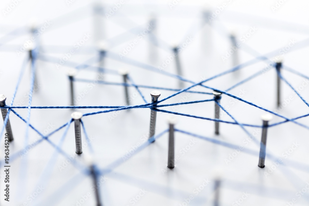Aufkleber a large grid of pins connected with string. communication, technology, network concept