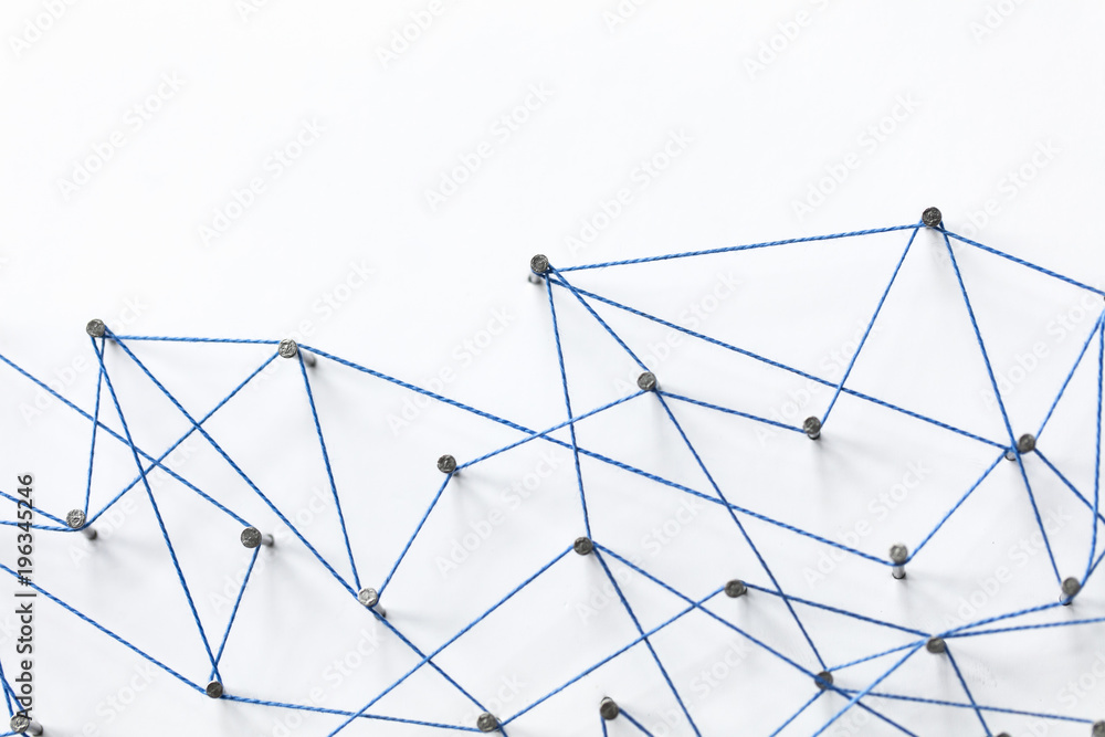 Poster a large grid of pins connected with string. communication, technology, network concept