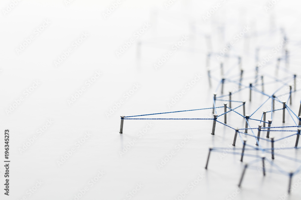 Poster a large grid of pins connected with string. communication, technology, network concept