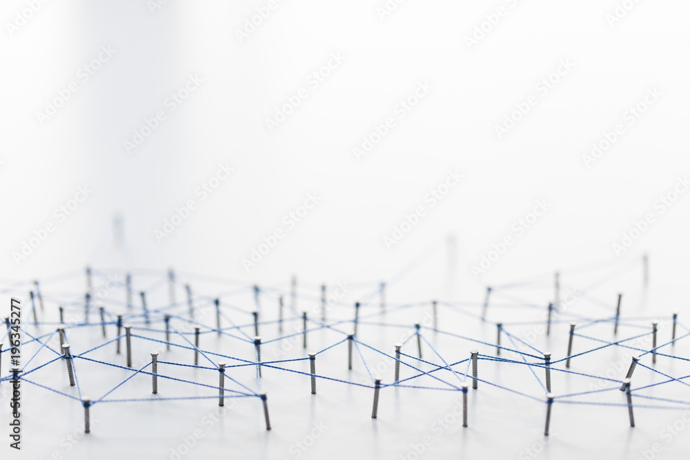 Aufkleber a large grid of pins connected with string. communication, technology, network concept