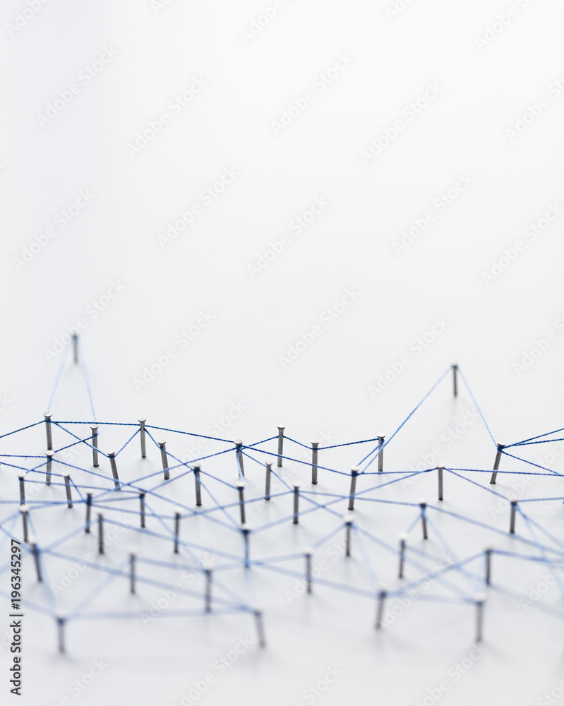 Aufkleber a large grid of pins connected with string. communication, technology, network concept