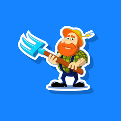 colored vector illustration of a cute cartoon farmer with a pitchfork