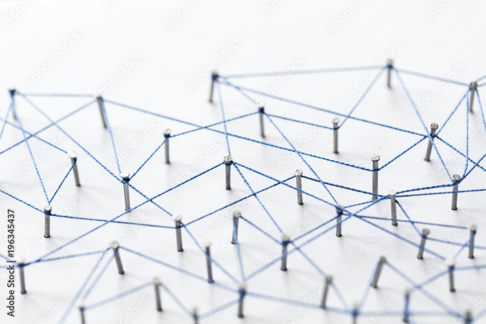 Aufkleber a large grid of pins connected with string. communication, technology, network concept