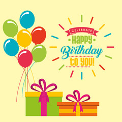 celebrate happy birthday to you colored gift and flying balloons vector illustration