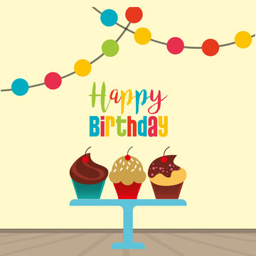 happy birthday card delicious cupcakes and decorative garland vector illustration