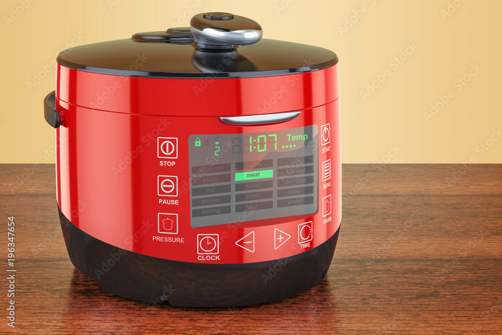 Aufkleber red automatic multicooker on the wooden table. 3d rendering
