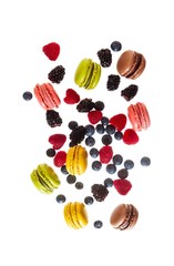 colorful traditional French sweets macaroons from almond flour isolated on white.