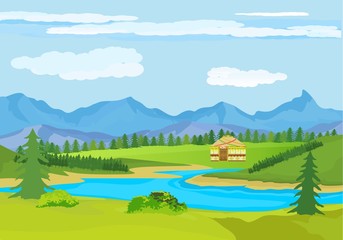 Kazakhstan countryside, farm, village, flowers, green hills and mountains, blue clouds, forest. Cartoon style, vector illustration