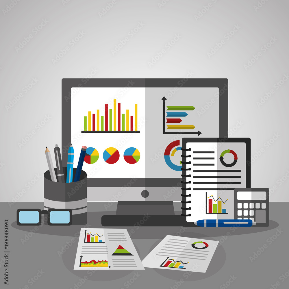 Poster statistics data business computer notebook calculator and documents vector illustration