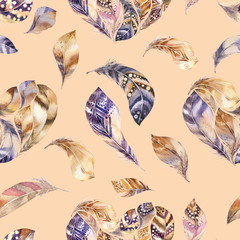 Boho seamless watercolor pattern of feathers and wild flowers, leaves, branches flowers,...