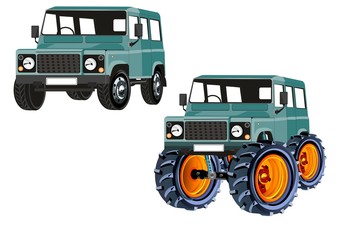 2Off -road monster cars with big wheels, and isolated on white. Blue color