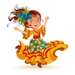 Young woman dancing salsa on festivals celebrated in Brazil Festa Junina, girl wear flower in head traditional fiesta dance, holiday party dancer, festive people carnaval vector illustration