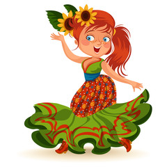 Young woman dancing salsa on festivals celebrated in Brazil Festa Junina, girl wear flower in head traditional fiesta dance, holiday party dancer, festive people carnaval vector illustration