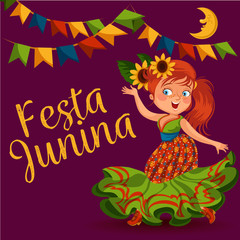 Young woman dancing salsa on festivals celebrated in Brazil Festa Junina, girl wear flower in head traditional fiesta dance, holiday party dancer, festive people carnaval vector illustration
