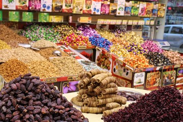 Dried fruits and sweets stall, shop display. Dubai.