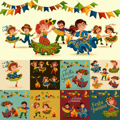 Fototapeta premium Young woman dancing salsa on festivals celebrated in Portugal Festa de Sao Joao, girl in straw hat traditional fiesta dance, holiday party dancer, festive people carnaval vector illustration