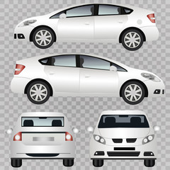 White car brand BMV. Car branding layout. Side, front, rear, top view. All elements in groups on separate layers. Car vector pattern on white background