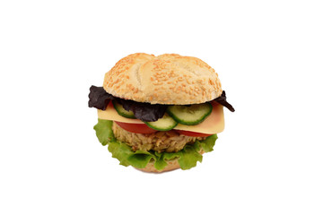 Vegetarian burger stock images. Tempeh burger isolated on a white background. Healthy soy burger. Vegetarian vegetable snack with tempeh