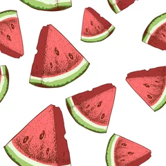 Behang Watermeloen Watermeloen plakjes naadloze patroon. Hand getrokken schets stijl rijp zomerfruit vectorillustratie. Ideaal voor feestontwerpen, fruitmarkten en veganistische menu& 39 s.