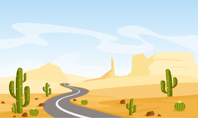 Vector illustration of desert landscape with cactuses and asphalt road, in cartoon flat style.