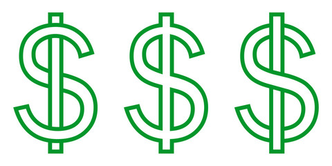 Set icon money symbol dollar, letter S intertwined with vertical stripe, vector set currency dollar sign green