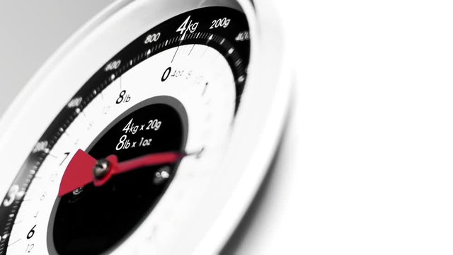 Black and white and colour Vintage scale close up, view of numeric household scale instrument and indicator, measuring food for preparing meals