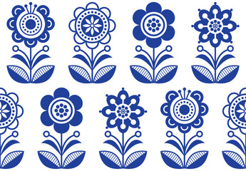 Folk art flowers, seamless vector floral pattern, Scandinavian navy blue repetitive design, Nordic ornament