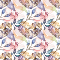 Boho seamless watercolor pattern of feathers and wild flowers, leaves, branches flowers, illustration, love and feathers, bohemian decoration spring blossom