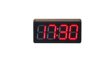 digital clock wall on white blackground, electrical LED clock wall isolate on white background, show time 17:30 PM