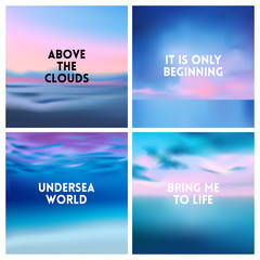 Abstract vector beach blurred background set. 4 colors set. Square blurred sea backgrounds set - sky clouds sea ocean beach colors With love quotes