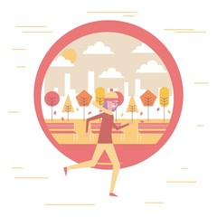 young woman running in warm clothes with autumn landscape vector illustration