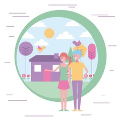 young couple people happy in garden house vector illustration