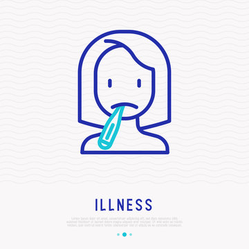 Illness, flu: woman with thermometer in mouth thin line icon. Modern vector illustration.